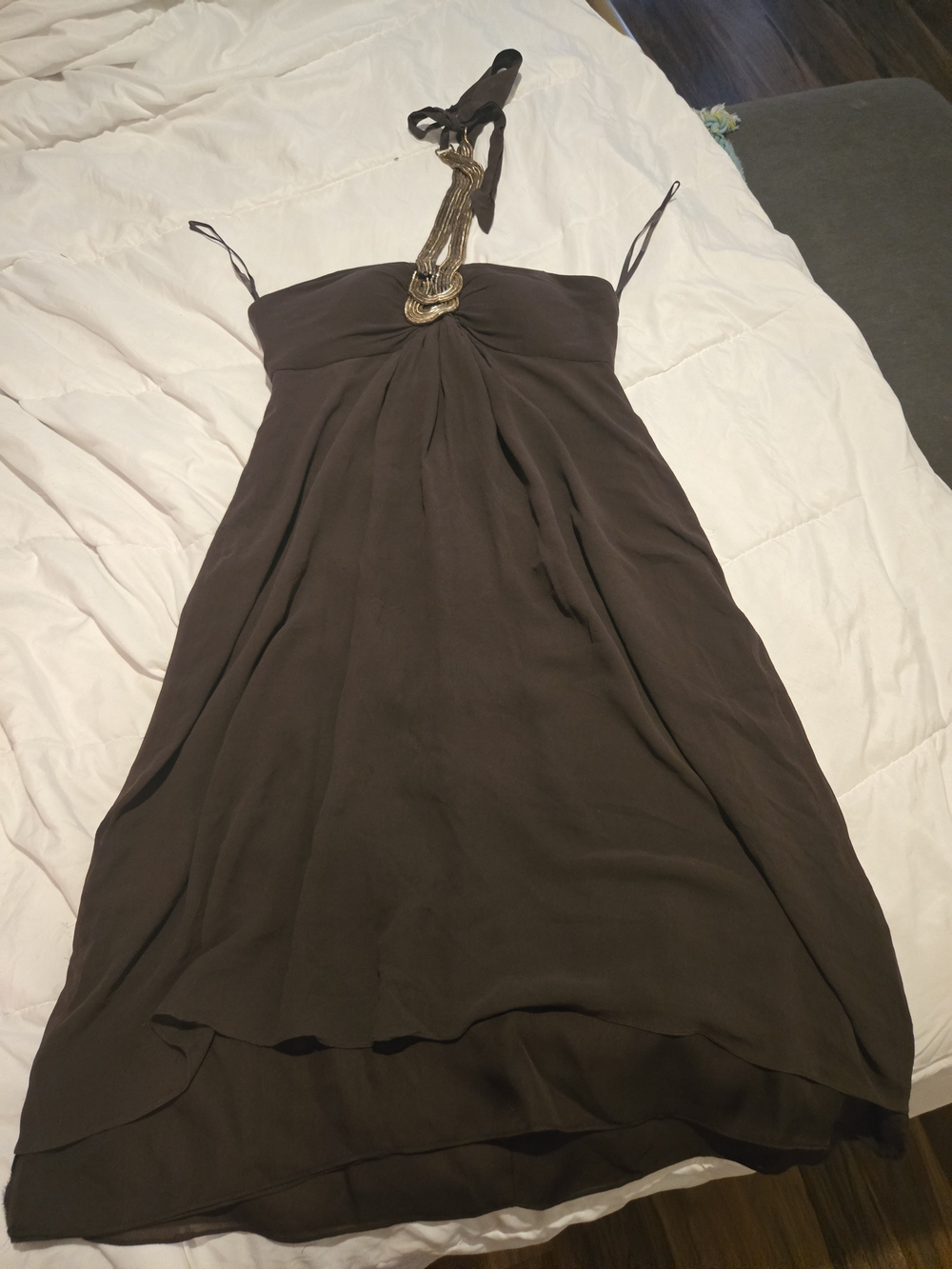 Silk High-Low Halter Evening Dress in Dark Brown